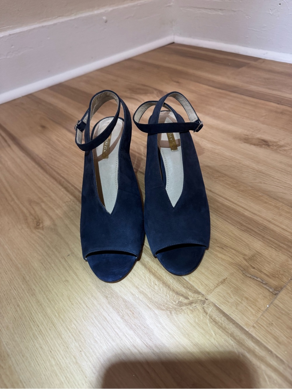 Louise et Cie Navy Suede Peep-Toe Ankle-Strap Wedges